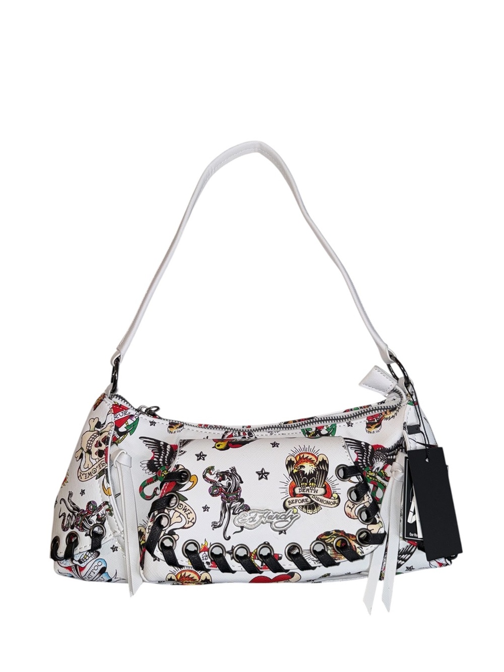 Ed Hardy White Tattoo-Print Shoulder Bag w/faux suede Whipstitch Accents